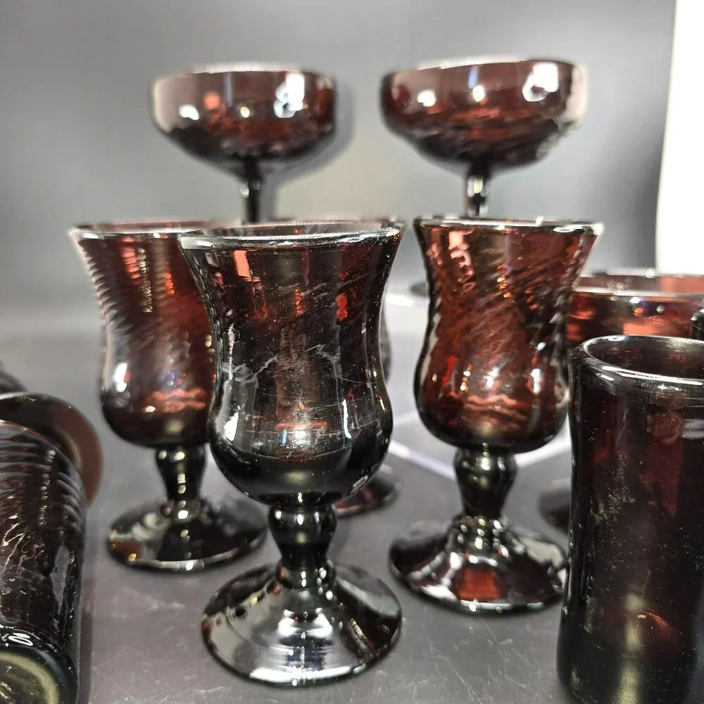 Vintage Handblown Dark Pink Glass Drinkware Set of 14 Pieces DH1357